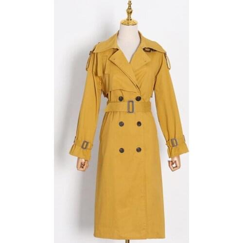 2021 spring windbreaker women trench coats fashion casual lapel solid color double-breasted design lace mid-length jacket