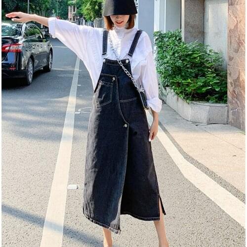 Summer Ladies Korean Strap Long Denim Dress Spring Autumn Spaghetti Overall Maxi Jeans Dress Women Streetwear Blue Frocks Woman
