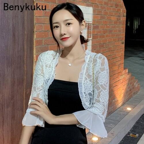 2021 Summer Lace Shawl Cardigan Slim 3/4 Flare Sleeve Sun Protection Clothing Women Thin Bolero Femme Crop Top Mujer Open Stitch