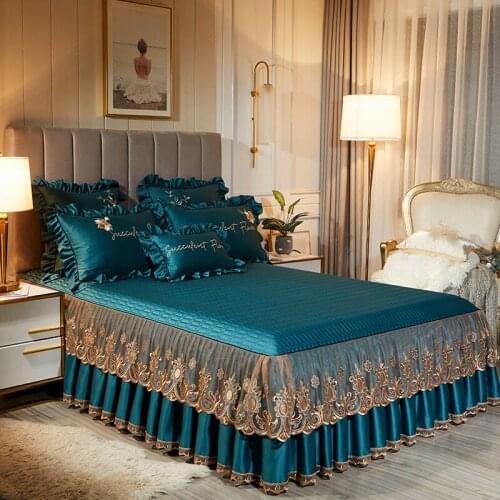 European style Quilting satin silkly Bed Skirt Bedspread Bed Sheet Bed Cover Pillowcase Bedding Set 3pcs