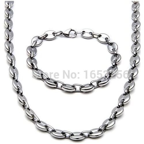 In bulk 5 set Lot 22''+8.66'' 9mm stainless steel coffee beans Chain Link necklace and bracelet Men Jewelry Set