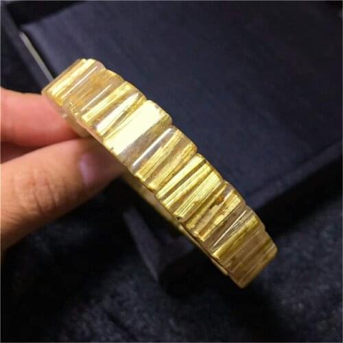 Brazil Natural Titanium Rutilated Quartz Crystal Golden Gems Rectangle Bead Women Men Stretch Bracelet Bangle AAAAA