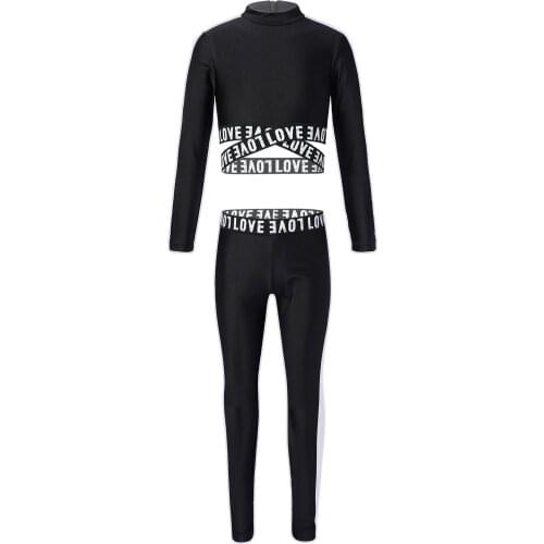 Kids Girls Clothes Sets Fashion Letter Print Long Sleeve Sport Tanks Crop Top with Leggings Workout Gym Dance Gym Outfit 6-14 Y