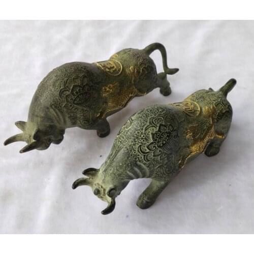 Long 20 CM, Antique collection chinese old bronze Bull/OX sculpture 1 pair home decoration Feng shui metal craft Cow statue