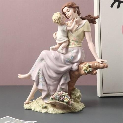 ELEGANT BEAUTY MOTHER AND CHILD ART SCULPTURE WESTERN WOMAN STATUE GIRL FIGURINES CERAMIC CRAFTS CREATIVE HOME DECORATION R5300