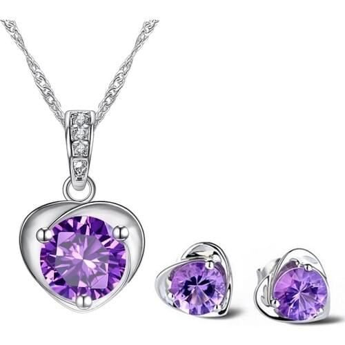 Enes Store Amethyst Stone Heart Women Silver Necklace Earring Set