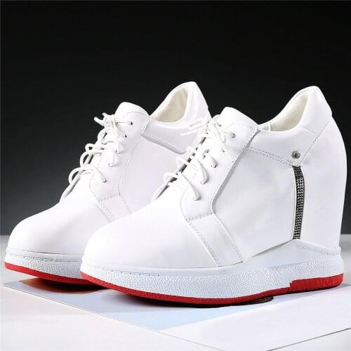 Casual Shoes Women Cow Leather Wedges High Heel Vulcanized Shoes Female Round Toe Fashion Sneakers Lace Up Platform Pumps Shoes