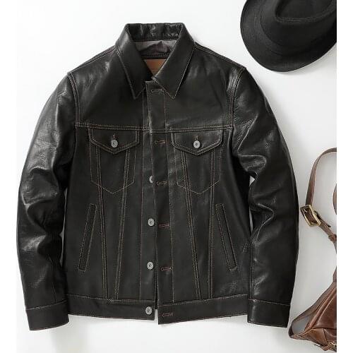 YR!Free shipping.classic casual 557 style tanned goatskin jacket.popular slim genuine leather coat.wholesales quality black