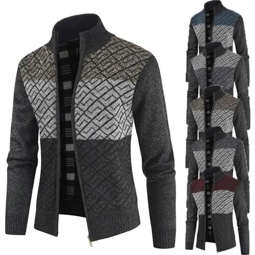 Jacket mens autumn and winter casual warm coat fashion old style patchwork knit zipper cardigan catch velvet thick wool sweater