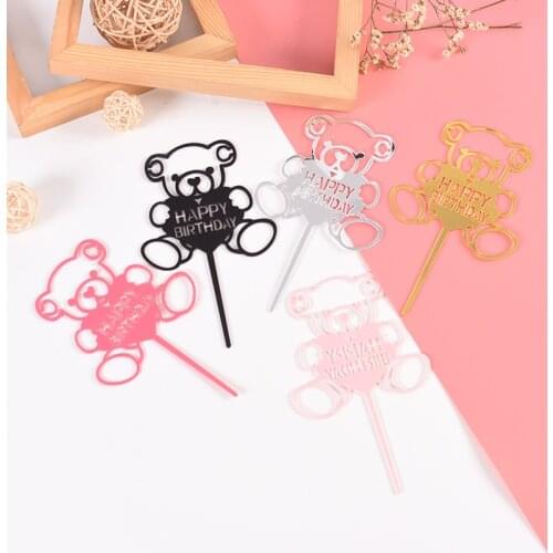 Cartoon Happy Birthday Acrylic Cake Topper Cute Bear Gold Cake Topper For Kids Gilrs Birthday Party Cake Decorations Baby Shower