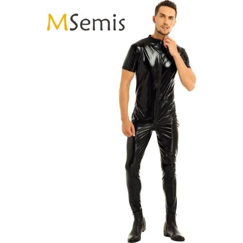 Mens Lingerie Wet Look Faux Leather Full Bodysuit Stretchy Short Sleeves Zipper Crotch Bodysuit for Stage Performance