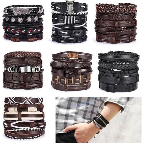Vintage Multiple Charm Bracelets Set For Men Woman Fashion Wristbands Owl Leaf Leather Bracelet Bangles Party Jewelry Male Gift