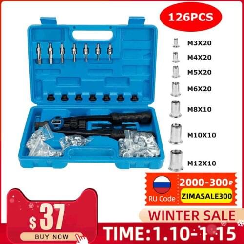 126PCS Riveting Tool Set Hand Blind Riveter Pliers Insert Rivet Gun Manual Mandrels Threaded Rivet Machine With M3 - M12 Nuts