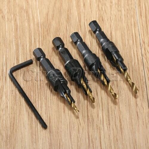 4pcs Titanium HSS Countersink Drill Set Quick Change 1/4" Round Shank 6# 8# 10# 12# Hole Saw Woodworking Tools+Small Wrench