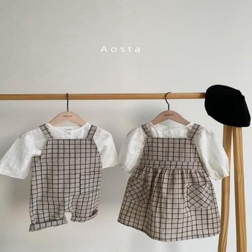 2021 New Spring Baby Boys Girls Overalls Pants Shirts Sling Dress Loose Style Brother Sister Matching Clothes E3804