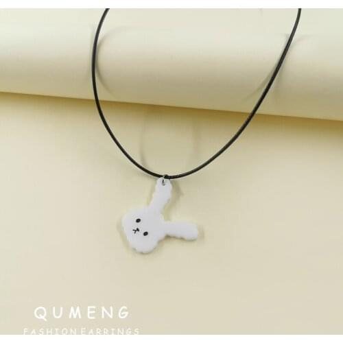 QUMENG 2021 Fashionable Pop Sweet White Mosaic Cartoon Rabbit Printed Acrylic Pendant Necklace Cute Girl Daily Wear