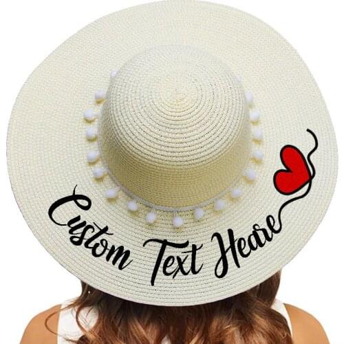 Personalized Custom Embroidery Text Your Name Straw Hat Women Sun Hats Large Brim Outdoor Beach hat Pompon bridal party