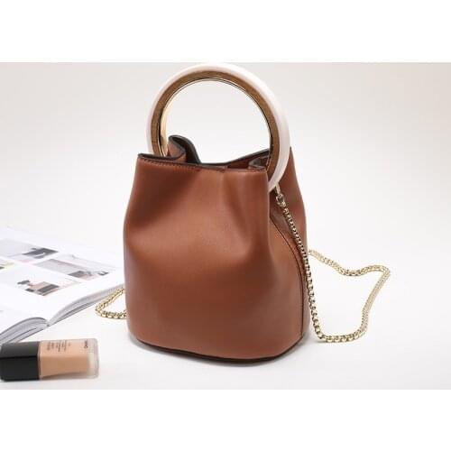 Leather Handbag Ladies Split Vintage Chains Crossbody Handbag Women Chic Ring Bucket Bag High Capacity Small Tote Bag