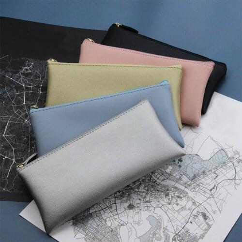 Super recommended Simple black gold pink leather Pencil Case School Supplies Stationery Gift Storage bag Pencil Box