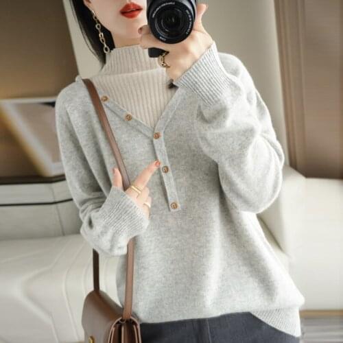 100% Pure Wool Cashmere Sweater 2021 Autumn/Winter Rural People Half High neck Pullover Casual Fake Two-piece Knitted Top Jacket