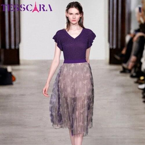 TESSCARA Women Summer Elegant V-neck Dress Suit Set Female Ladies Office Party Robe High Quality Designer Casual Mesh Vestidos