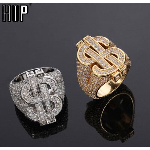 HIP Hop Classic Full Zircon CZ US Dollar Sign Ring Gold Silver Color Iced Out Charm Ring For Men Women Jewelry Size 8-10