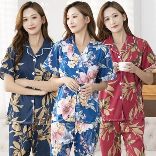 2021 Summer Short Sleeve Long Pants Print Pajama Sets for Women Korean Sleepwear Suit Pyjamas Homewear Pijama Mujer Home Clothes