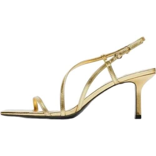 2021 New Golden Square Toe Buckle Strap Open Toe Stiletto Shoes Fashion Thin Strap High Heel Leather Sandals Women Summer