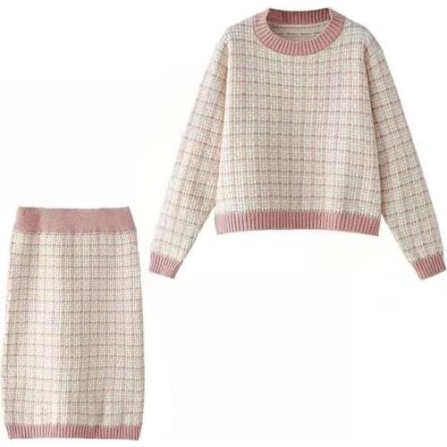 PERHAPS U Black White Pink Green Plaid Crew Neck Sweater Knitted Midi Skirt Striped Set Women 2 Two Pieces Elegant T0280