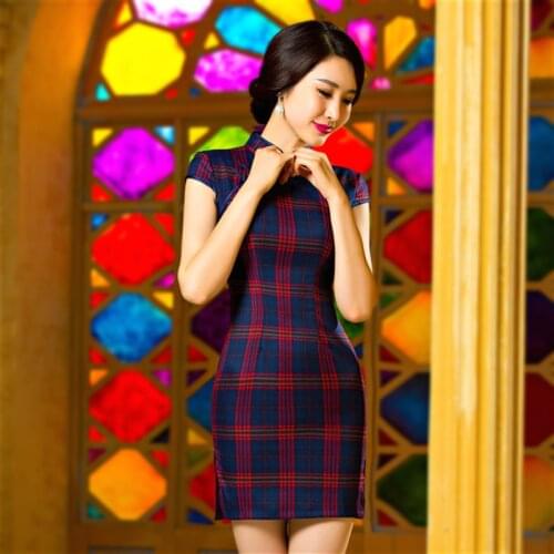 Sheng Coco Mini Cheongsam Summer Red Plaid Qipao Retro Clothing Cotton Lattice Short Cheongsam Woman Chinese Dress