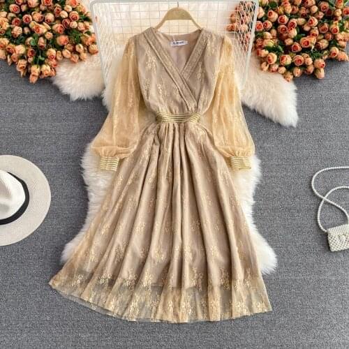 YIZZHOY New Summer A Line V Neck Puff Sleeve Chiffon Pullover Women Mid-Calf Dresses Casual Solid Slim Lady Full Dress