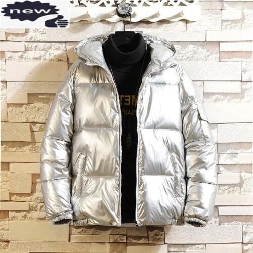 Winter Mens Hoody Parkas Bright Silver Short Overcoat Casual Motorcycle Outwear Coat Plus Size 5XL Man Warm Thick Hat Jackets