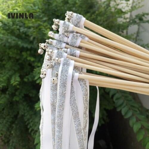 50pcs/lot Sliver Glittle wedding ribbon wands sticks with sliver bell for wedding decoration