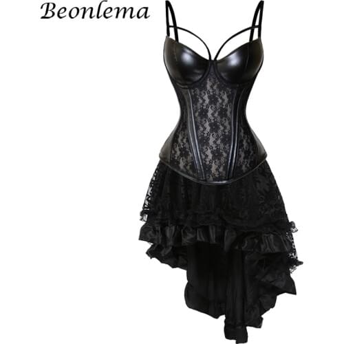 Beonlema Sexy Lace Faux Leather Corset Dress Black Plus Size Bustiers Tops Mesh Tutu Corsets Set Sexy Gothic Clothes Femme Korse