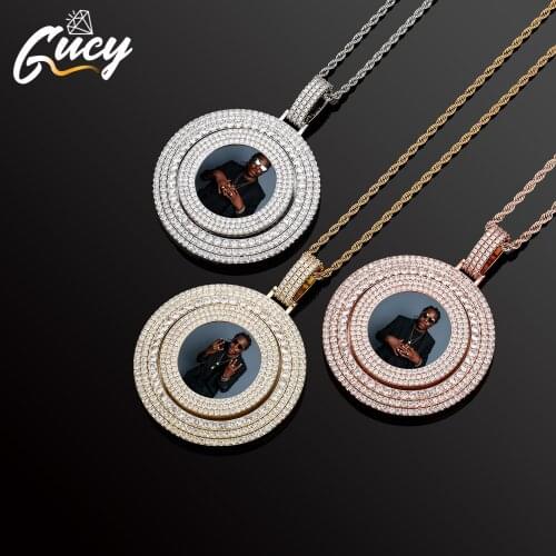 GUCY Custom Made Photo Rotating Roundness Solid Back Pendant Necklace With Tennis Chain Cubic Zircon Hip Hop Jewelry For Gift