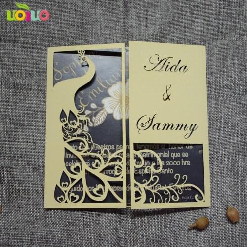 Hot elegent peacock champagne gold laser cut wedding invitation card design with free name initial logo for wedding anniversary