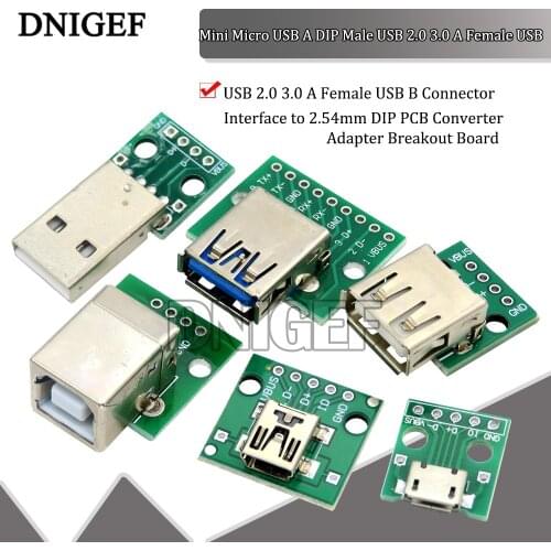 Mini Micro USB A DIP Male USB 2.0 3.0 A Female USB B Connector Interface to 2.54mm DIP PCB Converter Adapter Breakout Board