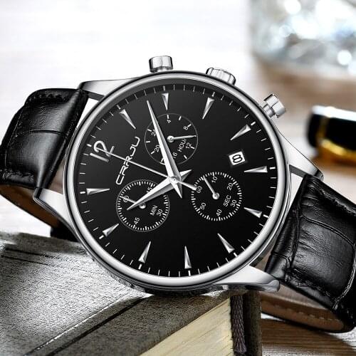 Mens Watches CRRJU Luxury Casual Waterproof Watch for Man Sport Quartz Leather Strap Mens Auto Date Watch Relogio Masculino