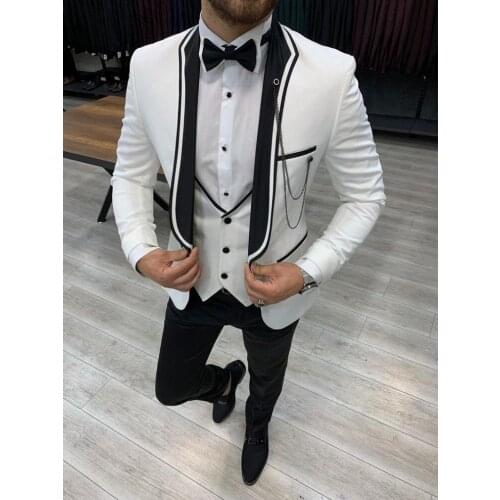 One Button Men Suits White and Black Groom Tuxedos Shawl Lapel Groomsmen Wedding Bridegroom ( Jacket+Pants+Vest+Tie ) D165
