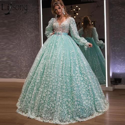 Mint Green Ball Gown Prom Dresses Long Sleeevs Lace Appliqued Arabic Robe Custom Made vestidos Evening Dress Formal Gowns