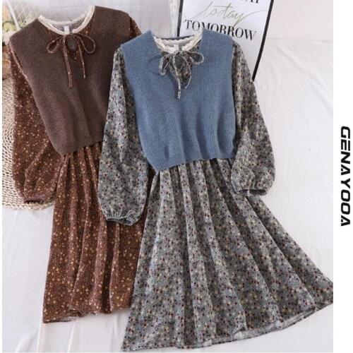 Genayooa Srping Autumn Two Piece Set Women Floral Dress Vintage Women Two Piece Outfits Knit Vest Pullover Korean Fashion 2021