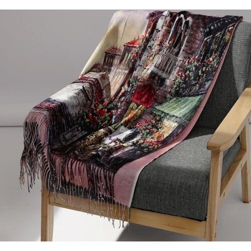 Painting Small Town Scarf Women Winter Warm Van Gogh Painting Tassel Scarves Designer Luxury Long Print Wraps Shawl