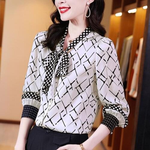 Spring Autumn Womens Print Shirt Tops Elegant Fashion Bow Long Sleeve Loose Shirts Blouses Office Lady Real Silk Satin Blouse