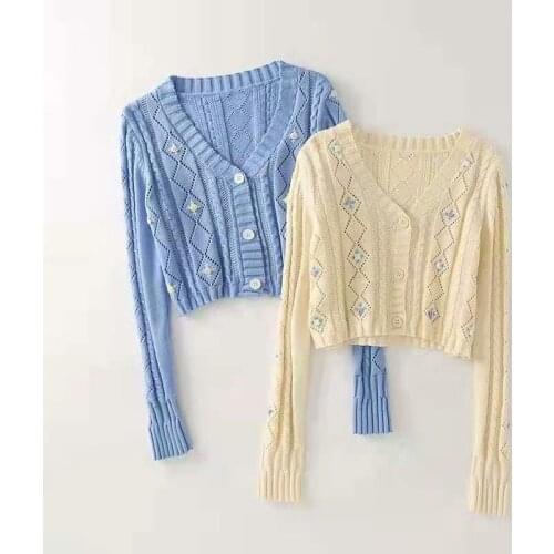 New Women Brocade Cotton Sweater Cardigan Diamond Flower Autumn Winter Spring Casual V-Neck Long Sleeve Thin Crochet Female Tops