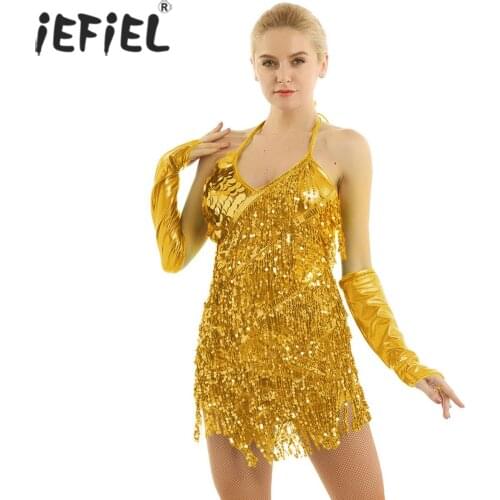 Womens Sparkling Glitter Reflective Tassels Backless Self-Tie Asymmetric Latin Dance Dress with Hand Sleeves Dancing Costumes