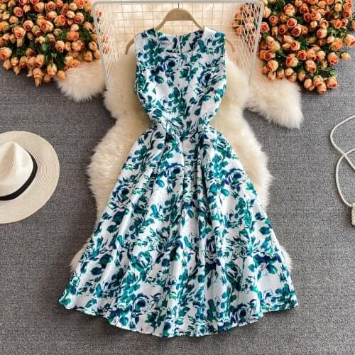 Elegant O-neck Green Print Jacquard Dresses Women 2021 Autumn New Retro Floral Print Mid-length Vest Dress