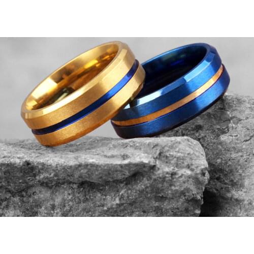 Gold Blue Brushed Simple Elegant Stainless Steel Mens Wedding Rings for Male Boyfriend Biker Jewelry Creativity Gift Wholesale