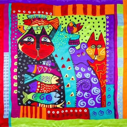 100% Silk Scarf Women Scarf Cat & Fish Scarf Silk Bandana 2019 Top Hijab Print Middle Square Silk Scarf Hot Luxury Gift for Lady