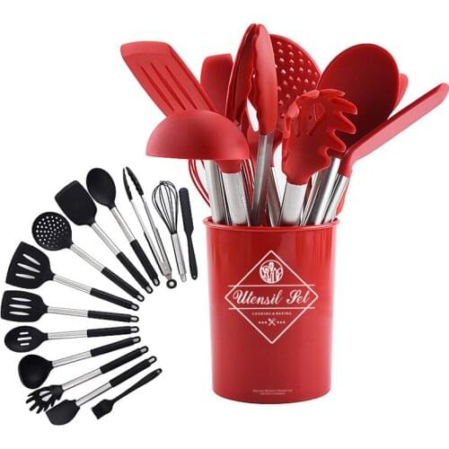 14Pcs Cooking Utensils Set Stainless Steel Silicone Kitchen Utensil Set Non-stick Spatula with Storage Box Black Cooking Tools