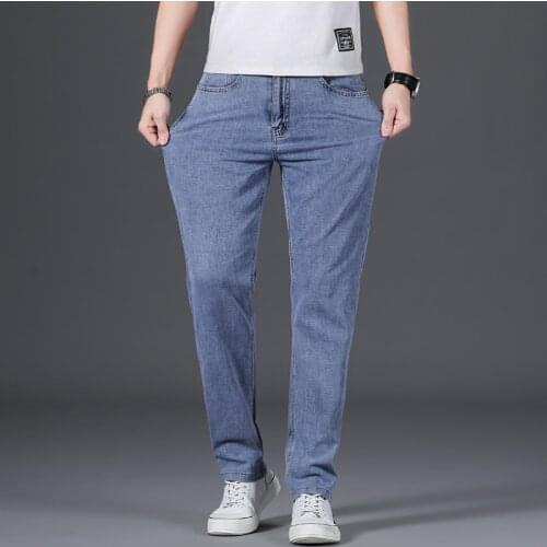 2021 Mens High Cotton Fabric Jeans Classic Style Straight Elastic Business Comfortable Pants Male Light Blue Black Trousers